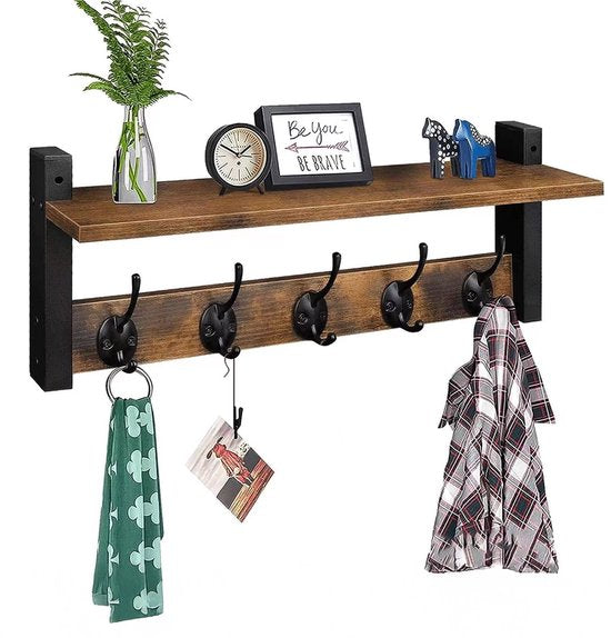 Wand kapstok met plank - 10 haken - Hangend - Kapstokken - Kleer - Kleding - Hangers - Vintage - Muur - Industrieel - Hout - Garde robe - Zwart - Luft