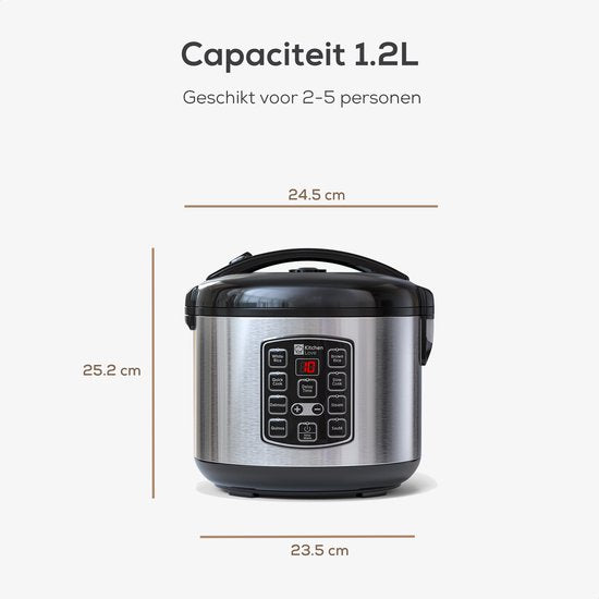 KitchenLove Rijstkoker met Stomer - 1.2L - Multicooker - Rice Cooker - Slowcooker - 2 tot 5 Personen - Zwart RVS