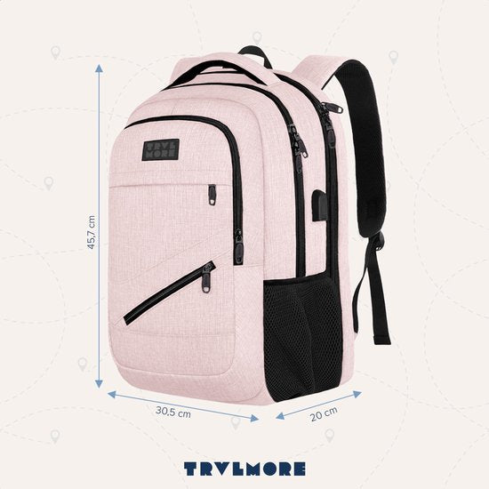 TRVLMORE Rugzak met Levenslange - Rugtas met 15,6 Inch Laptopvak - Schooltas - Spatwaterdicht - Heren en Dames - Jongens en Meisjes - 28L - Roze