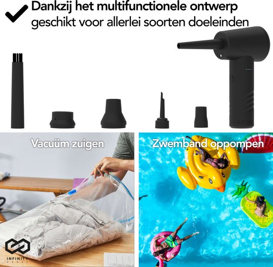 Infinity Goods 4-in-1 Luchtblazer - Perslucht - 53K RPM - Blazen En Zuigen - Gecomprimeerde Lucht - Draadloos En Oplaadbaar - Zwart