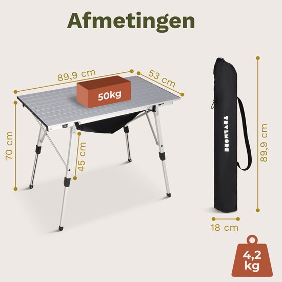 TRVLMORE Campingtafel Verstelbaar - 90x52x71cm - Inklapbare Tafel met Aluminium Frame - Lichtgewicht - Kampeertafel - Klaptafel - Zilver