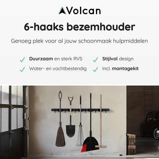 Volcan Bezemhouder - Bezem Ophangsysteem Tuingereedschap - Gereedschapshouder - 3M Tape - 5 Houders 6 Haken - RVS Zwart