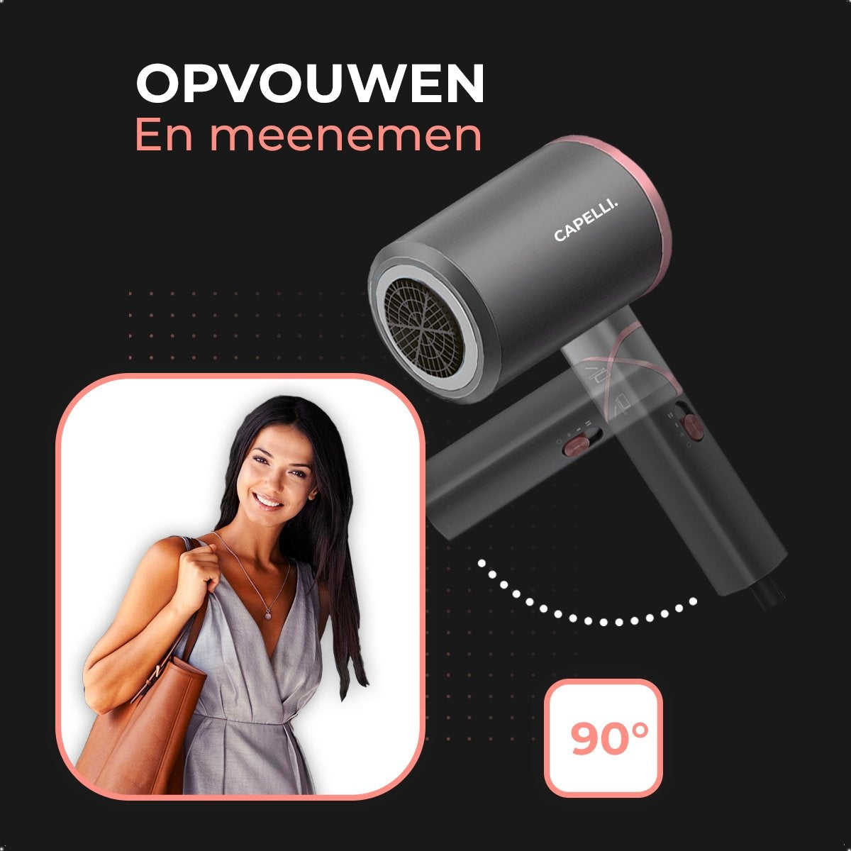 CAPELLI Föhn - Haardroger - Föhn met Diffuser - Krullen - Ionisch - Inklapbaar - 3 standen - Rosé Goud