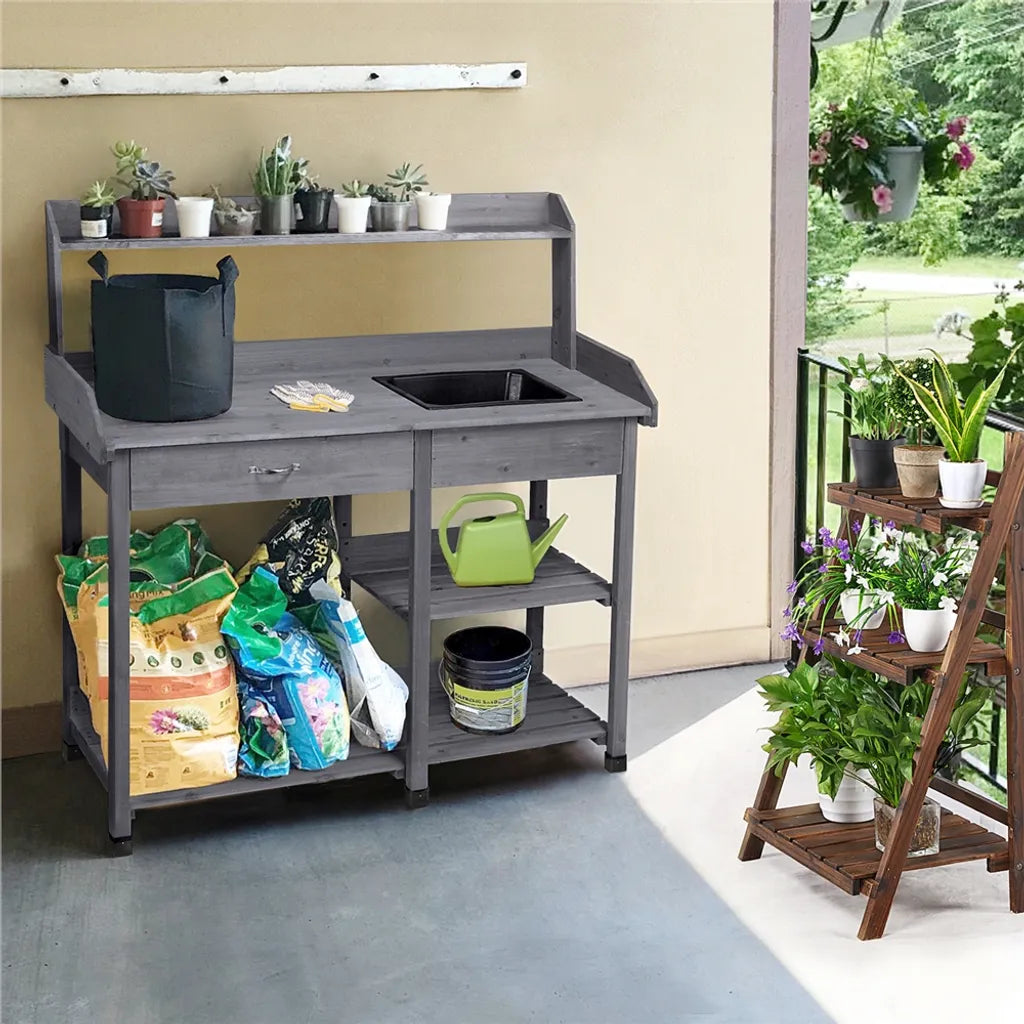 Yaheetech Oppottafel met Spoelbak 114,8 x 45 x 121 cm - Grijs - Houten Planttafel met Lade en Verstelbare Plank