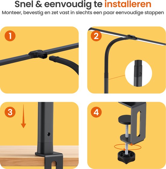 Goliving Bureaulamp met Klem XL - 78 CM - LED Dimbaar met Afstandsbediening - Klemlamp - Tafellamp - Leeslamp - Flexibel - Ledlamp - Touch Bediening - Softclose - Zwart