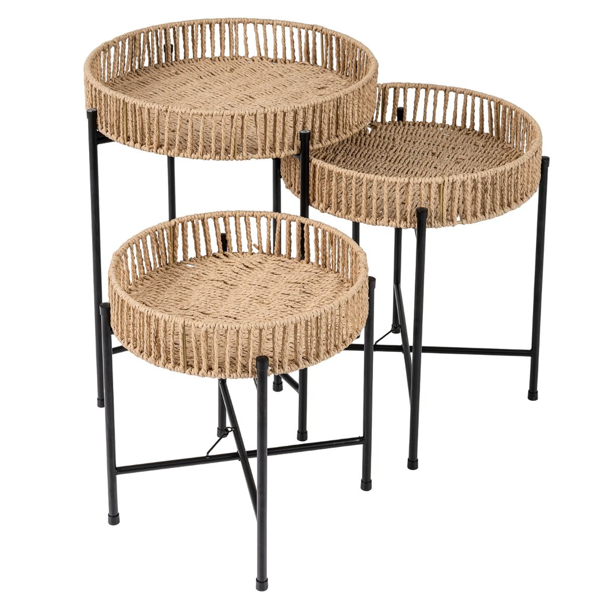 Coast Bijzettafelset rond - handgevlochten boho vlechtwerk - metalen poten - naturel - set van 3