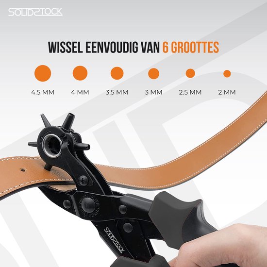 SolidStock Professionele Gaatjestang voor riem - Inclusief Meetlat - Ponstang - Revolvertang - Zwart