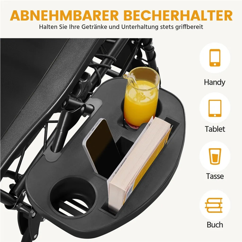 Yaheetech Set van 2 Zero Gravity Ligstoelen - Zwart - Opvouwbare Relaxstoelen met Hoofdkussen en Bekerhouder