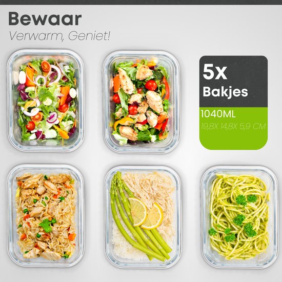 Savoré Kitchen Vershoudbakjes Set - met Stoom Deksel - Meal Prep Bakjes - Diepvriesbakjes Glas - Luchtdicht - 5 Stuks - 1040 ML