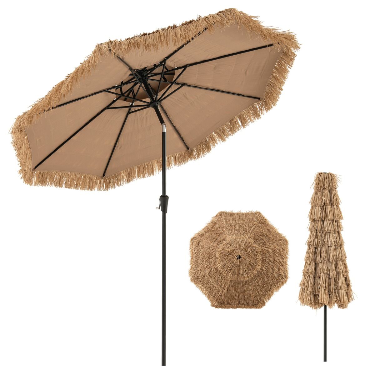 Coast Hawaïaanse Rieten Tiki Parasol 267x247 cm – Natuurlijke Terrasparasol met Zwengel, Kantelmechanisme & 8 Stevige Baleinen