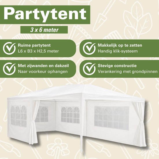 Kinzo Partytent 3x6 m - Tent Paviljoen voor 70 Personen - Tuinpaviljoen met 6 Zijwanden - Tuintent met Nokhoogte 2.5m - Feesttent Waterdicht en UV Bestendig - Wit