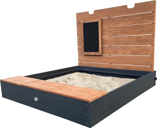 AXI Mandy XL zandbak 130 x 120 cm met opbergruimte en deksel Antraciet/bruin – Met bankje en krijtbord - Inclusief gronddoek - 10 jaar garantie!