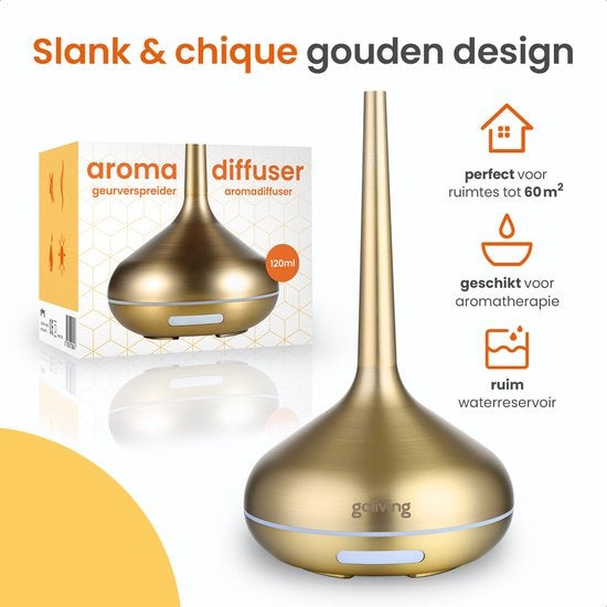 Goliving Aroma Diffuser - Luchtbevochtiger - Aromatherapie - Incl. 2x Etherische Olie - 10 LED kleuren - Geurverspreider - Goud
