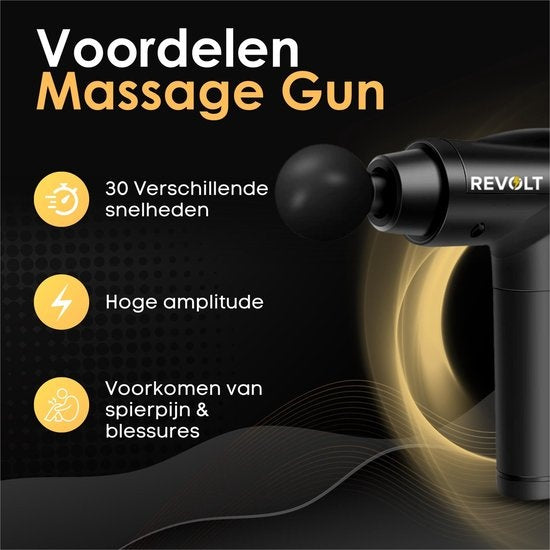 Revolt - Massage Gun - 30 Verschillende Snelheden - 6 Opzetstukken - Luxe Opbergkoffer - Deep Tissue - Voor Spierherstel & Blessures - Hoge Amplitude