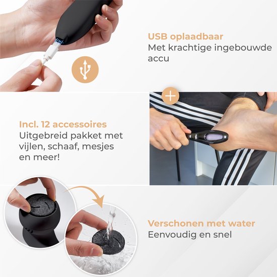 Nuvance - Elektrische Eeltverwijderaar - Incl. 3 Eeltschijven - Eeltverwijderaars Elektrisch - Professionele Eelt Verwijderaar Set, 10 Delige Pedicureset - Voetvijl - Usb Oplaadbaar