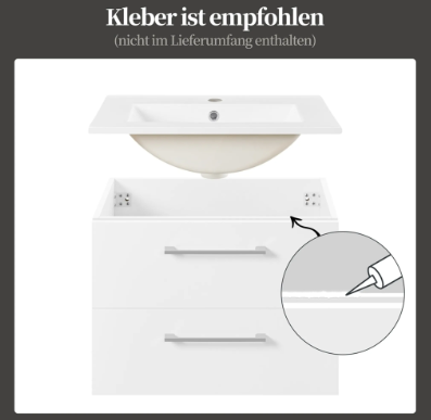 Yaheetech Badkamermeubel met Wastafel - Wit Hoogglans - 61 x 39,5 x 45,5 cm - Wandmontage, 4 Lades, Keramische Wasbak