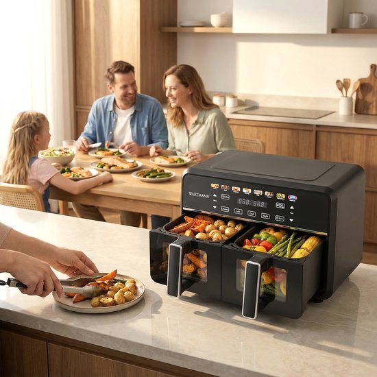 Dubbele Airfryer XXL 11L - PFAS-vrije Heteluchtfriteuse - Infrarood - Dual Zone - 2 x 5.5L - 40–200°C - 8 Kookprogramma's - 2850W - WM-2511 AF - Zwart