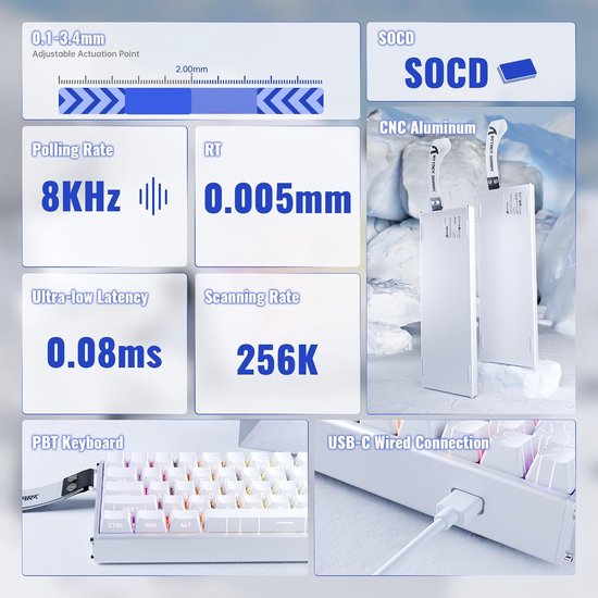 ATTACK SHARK X68MAX HE - Magnetische Schakelaar Bedraad Gaming Toetsenbord - CNC Aluminium - 68 toetsen - RGB - Zijde Gedrukte PBT Toetsen - Decoratieve Keycord - 8Khz - 0.005mmRT - 0.08ms - Witte Omtreklijn