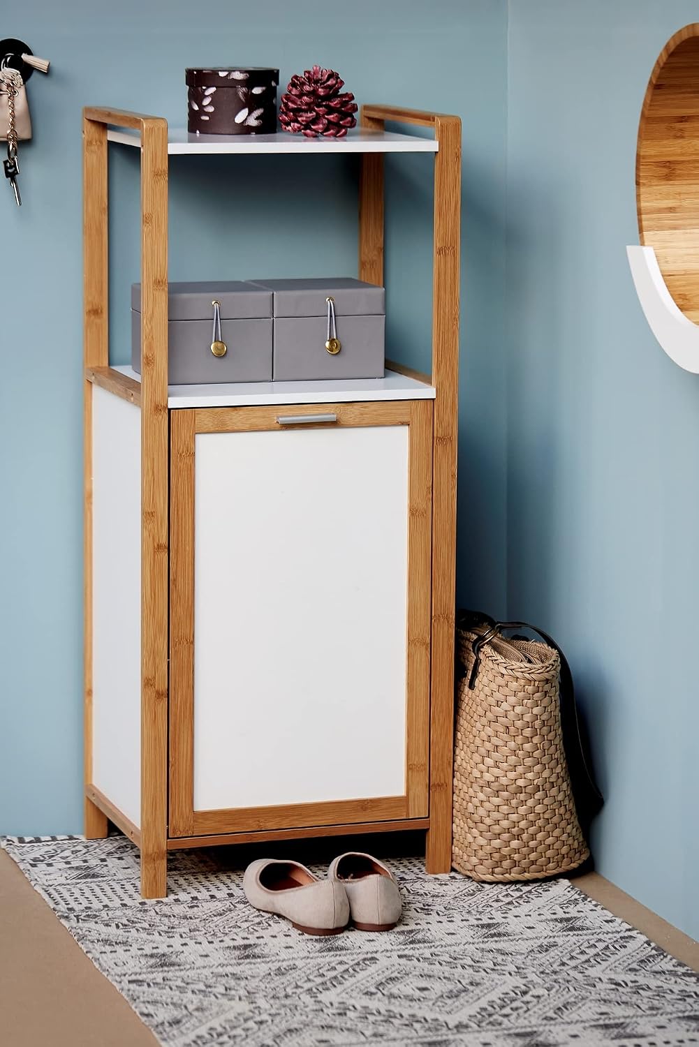 Wenko Finja Wasmand met Rek – Bamboe/Wit – 40 x 95 x 30 cm