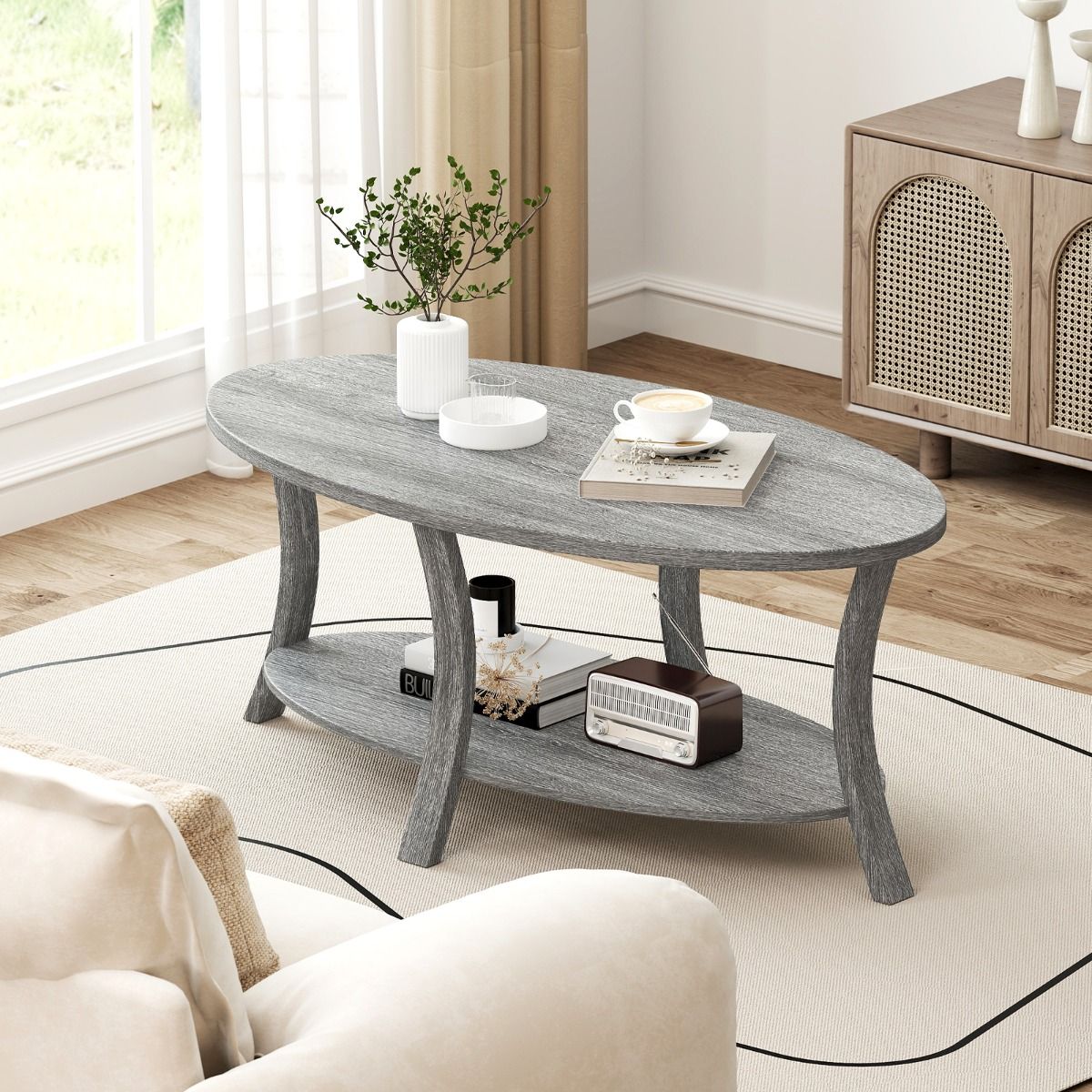 Coast Ovale Salontafel - 2-laags met opbergruimte - rubberhout - grijs - 111 x 60,5 x 47 cm