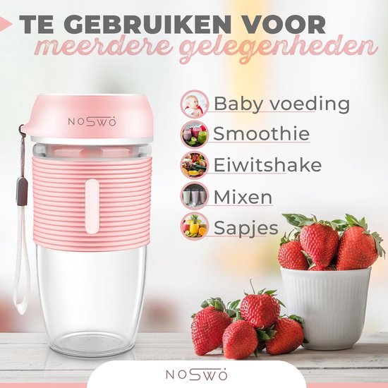 Noswo - Blender To Go - Draagbare Blender - Portable Blender - Mini Blender voor Onderweg - Smoothie Maker - Draadloze Blender - Roze