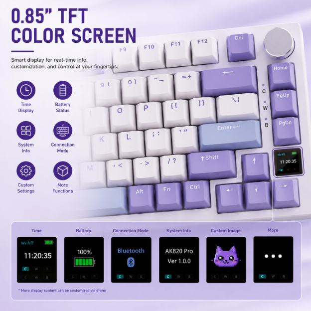 Ajazz AK820 Pro 75% Mechanisch Toetsenbord - Grijs - TFT-Scherm, Tri-Mode, RGB