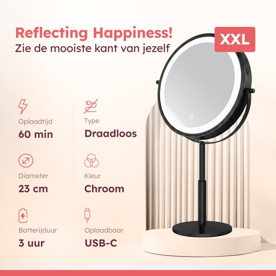 Fraay® XXL Make Up Spiegel met LED Verlichting - 10x Vergroting - Vergrootspiegel met Licht - Oplaadbaar - Scheerspiegel - Badkamerspiegel - Zwart