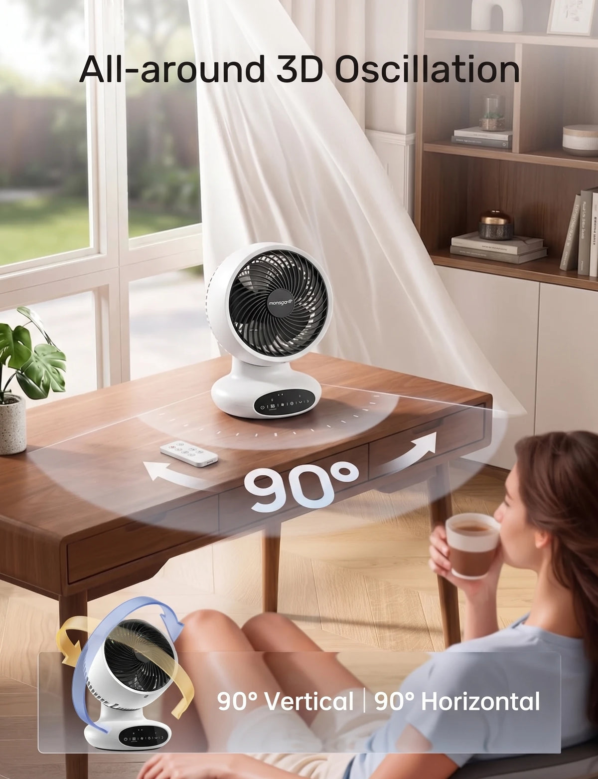 MONSGA AC100 Luchtcirculator Ventilator - Ultra Stil 25dB - 5 Standen - Timer & Slaapstand