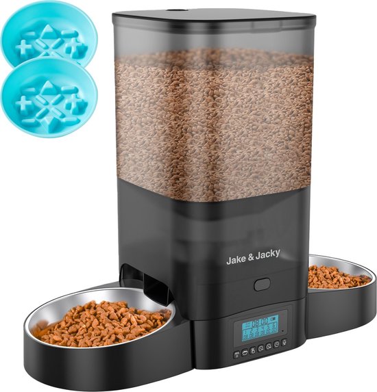 Jake en Jacky Automatische Voerbak Kat en Hond - 5 Liter - Inclusief 2 RVS Voerbakken & 2 Slowfeeders - Voerautomaat & Anti-Schrokbak - Voerdispenser - Eetbak voor Katten & Honden - Zwart