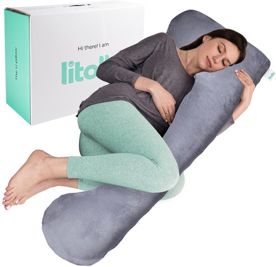Litollo® Zwangerschapskussen XL - Voedingskussen - Lichaamskussen - Body pillow - 140cm - Afneembare hoes - Grijs - Fleece