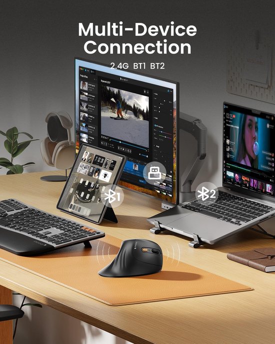 Ergonomische Verticale Muis – Draadloze Ergonomische Muis – Bluetooth & 2.4 GHz – USB-C Oplaadbaar – Voor 3 Apparaten – Instelbare DPI – Stil – Zwart (Rechtshandig)