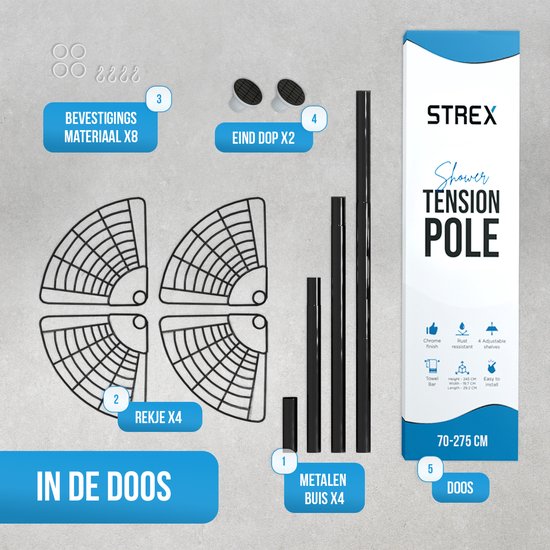 Strex Telescopisch Doucherek Zwart - Verstelbaar 70-275 cm - 4 Mandjes - Robuuste Kwaliteit - Doucherek zonder Boren of Schroeven - Badkamer Rekje