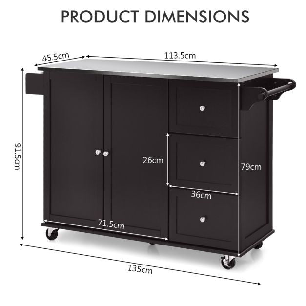 Coast Keukenwagen serveerwagen - RVS - Keukeneiland met 3 laden - 135 x 45,5 x 91,5 cm - Bruin/Wit/Zwart