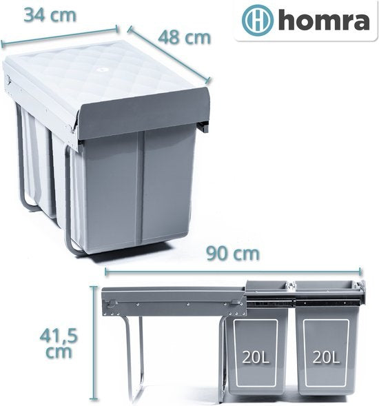 Homra Inbouwprullenbak – Uittrekbaar & Soft-Close – 2x20L – 34 x 48 x 41,5 cm – Grijs