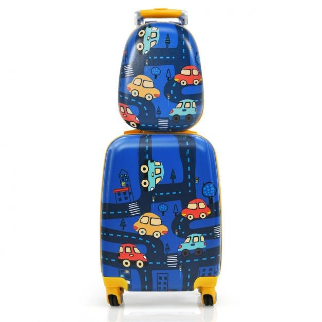 Coast Kinderkofferset 2-delig Kindertrolley + Rugzak Auto's Donkerblauw
