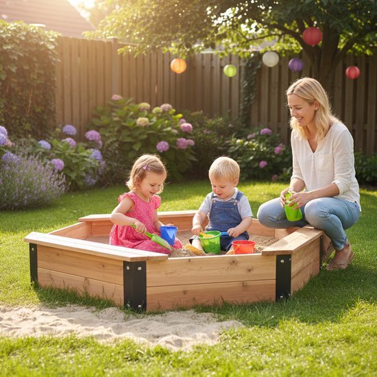 AXI Onno XL Zandbak 150 x 150 x 23 cm in Bruin/antraciet – Met Zitbankjes – Met Hoes – FSC 100% Cederhout – Grote zandbak voor kinderen