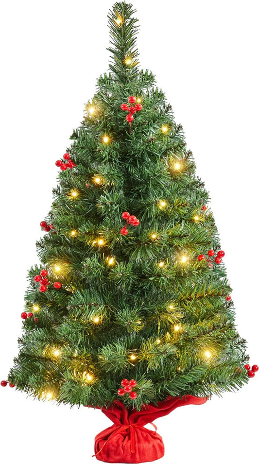 Yaheetech Tafelkerstboom Met Verlichting – 48 x 48 x 90 cm – Voorzien Van 50 LED-Lampjes En 60 Rode Bessen En Betonnen Voet Met Rode Doek – Voor Dressoir En Kantoor – Groen PVC En Beton