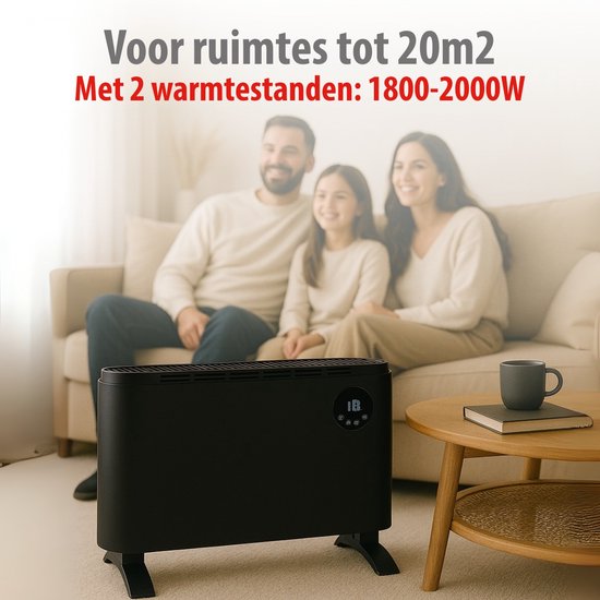 alpina Elektrische Kachel 2000W - Electrische Verwarming Convectorkachel - Heater met Instelbare Thermostaat en 3 Warmtestanden - Vrijstaand of Wandmontage - Zwart
