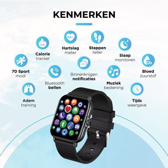 AyeWay Smartwatch - Waterdicht & Touchscreen - 70 Sportmodes - Met App - Smartwatch Heren & Dames - Zwart