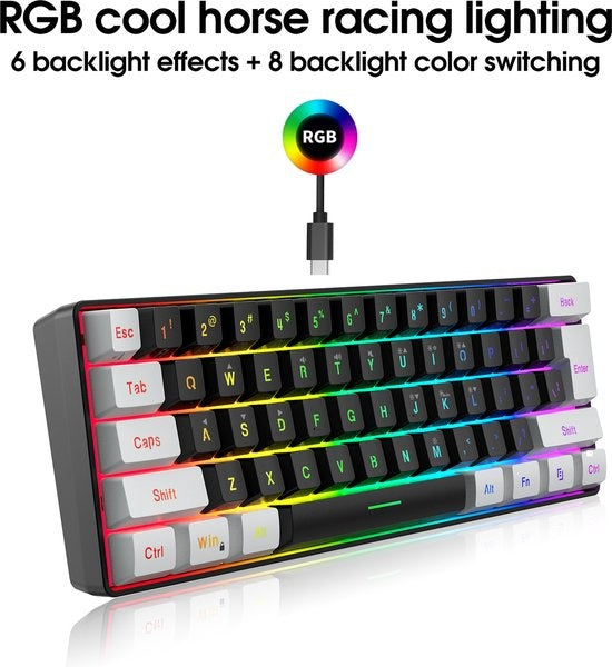 HXSJ V700 RGB Compact Gaming Toetsenbord Qwerty 61 toetsen met achtergrondverlichting Zwart/Wit