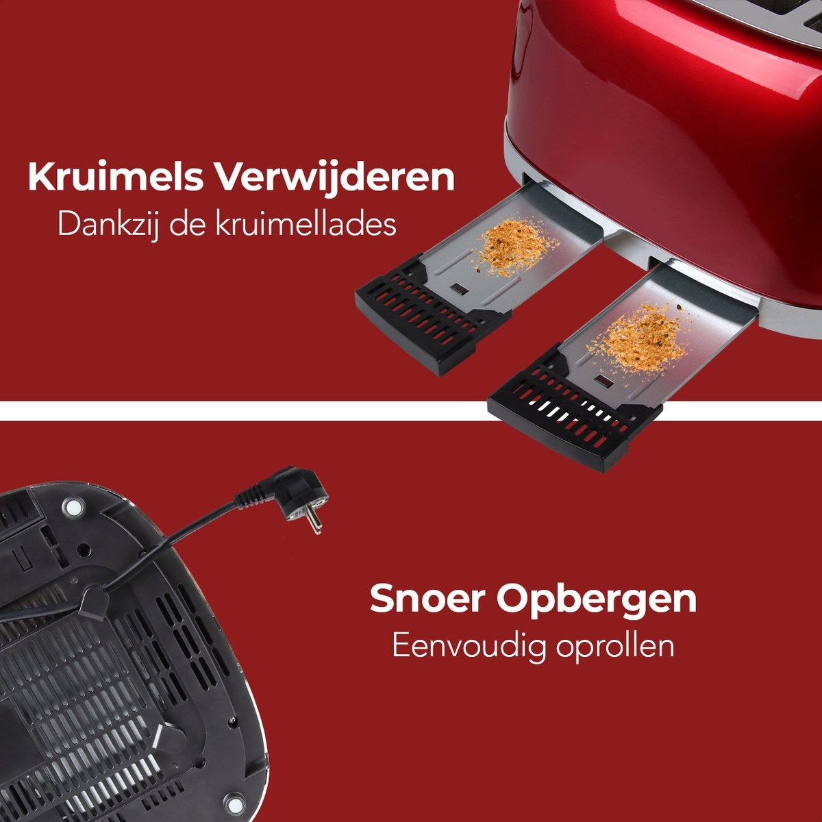 KitchenBrothers Retro Broodrooster - 6 Warmteniveaus - 4 Extra Brede Sleuven - 1630W - Reheat en Ontdooi-functie - Rood