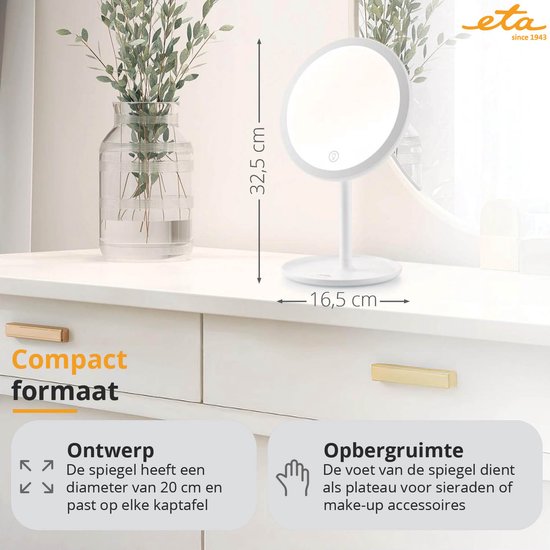 ETA Fenité Make Up Spiegel met Verlichting – Vergroot 5 Keer Magnetisch – Kantelbaar en Oplaadbaar via USB-C – Lichtkleur Instelbaar – Ø20 cm – Wit