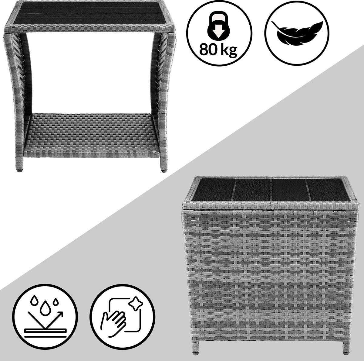 Casaria Polyrattan Bijzettafel - WPC Tafelblad 45x45x40cm – Grijs