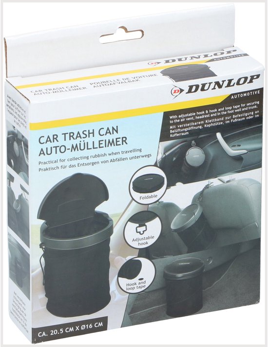 Dunlop Auto-Afvalbak - Opvouwbaar - 16 cm - met Deksel - voor aan het Dashboard of op de Vloer