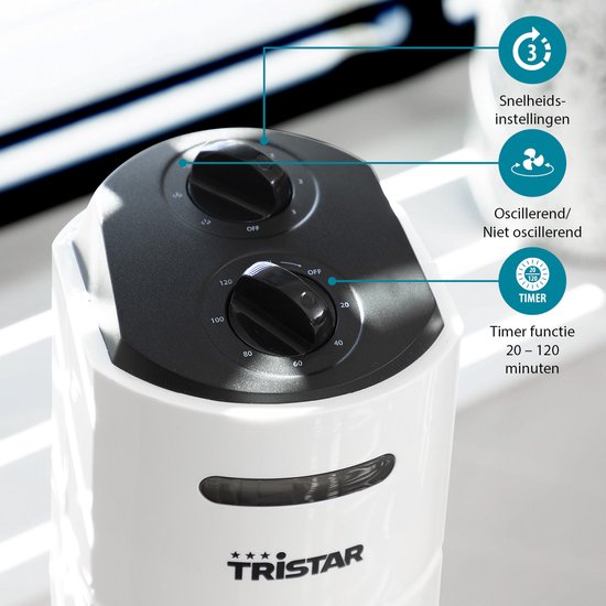 Torenventilator 79 cm – 3 Snelheden – Timerfunctie – Oscillerend – Stil & Compact – Tristar VE‑5806 – Wit