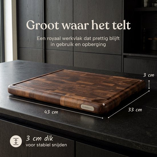Deleca Walnoot Kopshouten Snijplank met Sapgeul - Hakblok Hout - Anti-slip / Handgrepen – Signature Amerikaans Walnoten Kopshout - 43x33x3 cm