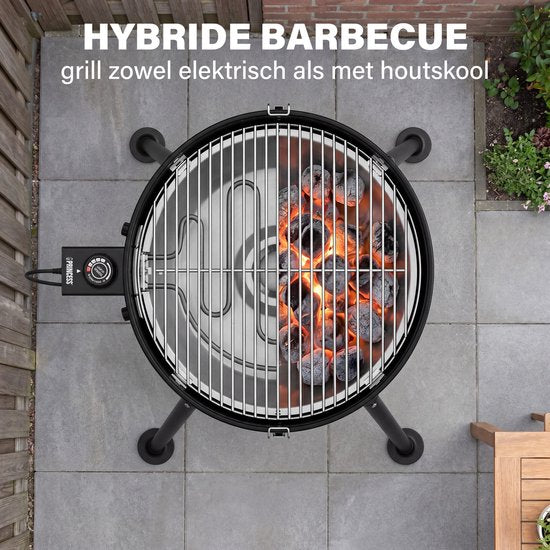 Princess Hybride Kogel BBQ - Elektrische en Houtskool Barbecue - 2000W - Verstelbare Afneembare Thermostaat - Grillrooster met coating - Deksel met Ingebouwde Thermometer - 112270