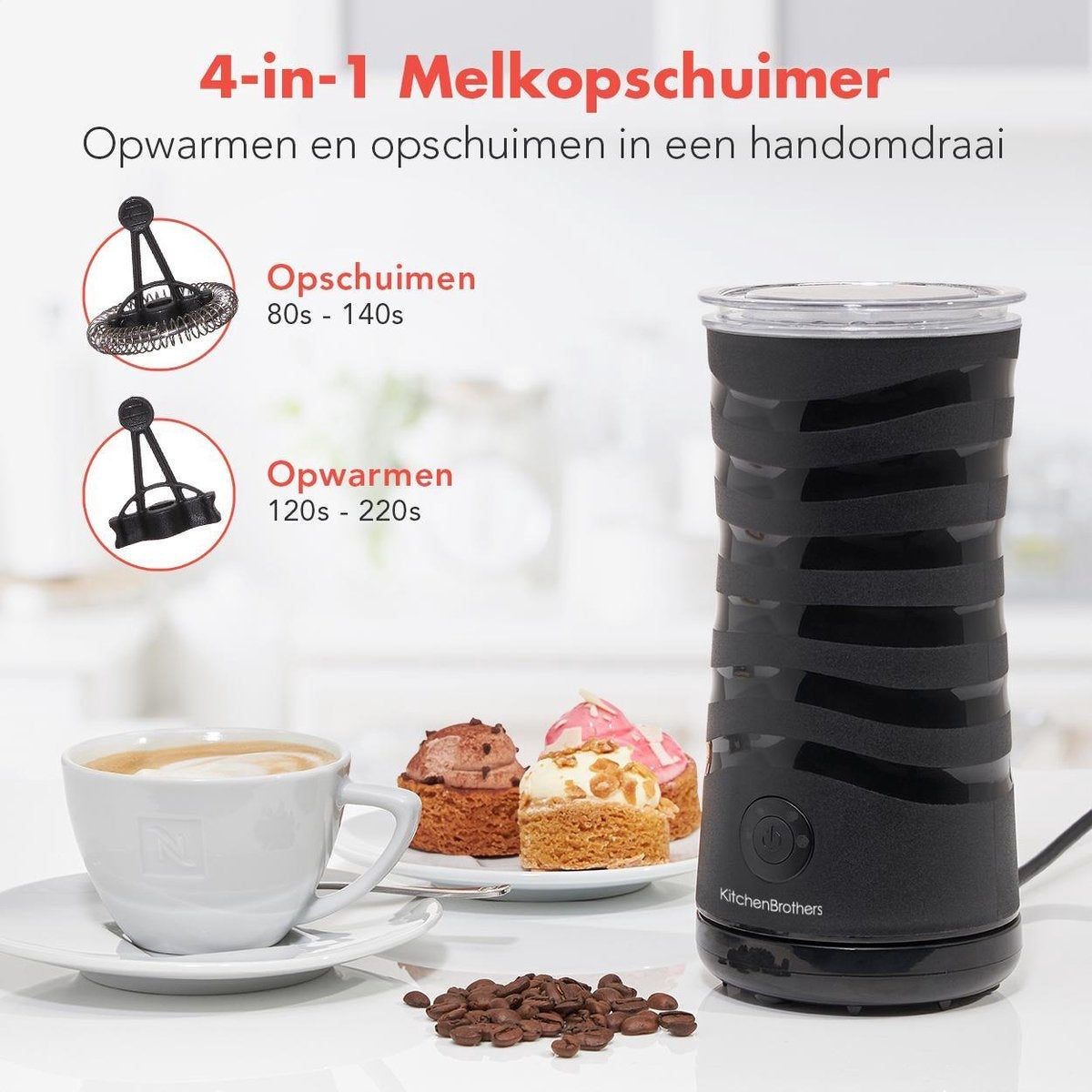 KitchenBrothers Elektrische Melkopschuimer - 4-in-1 - 240 ML - Handige Melkschuimer - Zwart