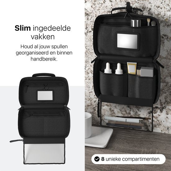 ONYX Toilettas Zwart - Make Up Tasje - Cosmetica Organizer - Slimme Indeling - Beautycase & Make-Up Spiegel - Toiletzak Hangbaar met Haak - Dames en Heren - Maat: M