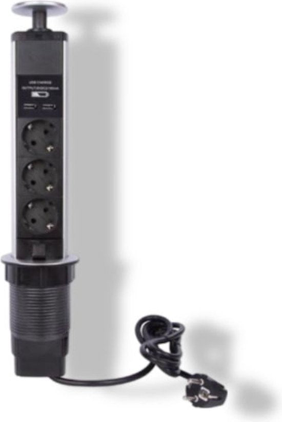 Perel Pop-upstekkerdoos, 3 stopcontacten met randaarde (type F), 2 USB-poorten, montagegat 71 mm, gebruik binnenshuis, zwart/grijs